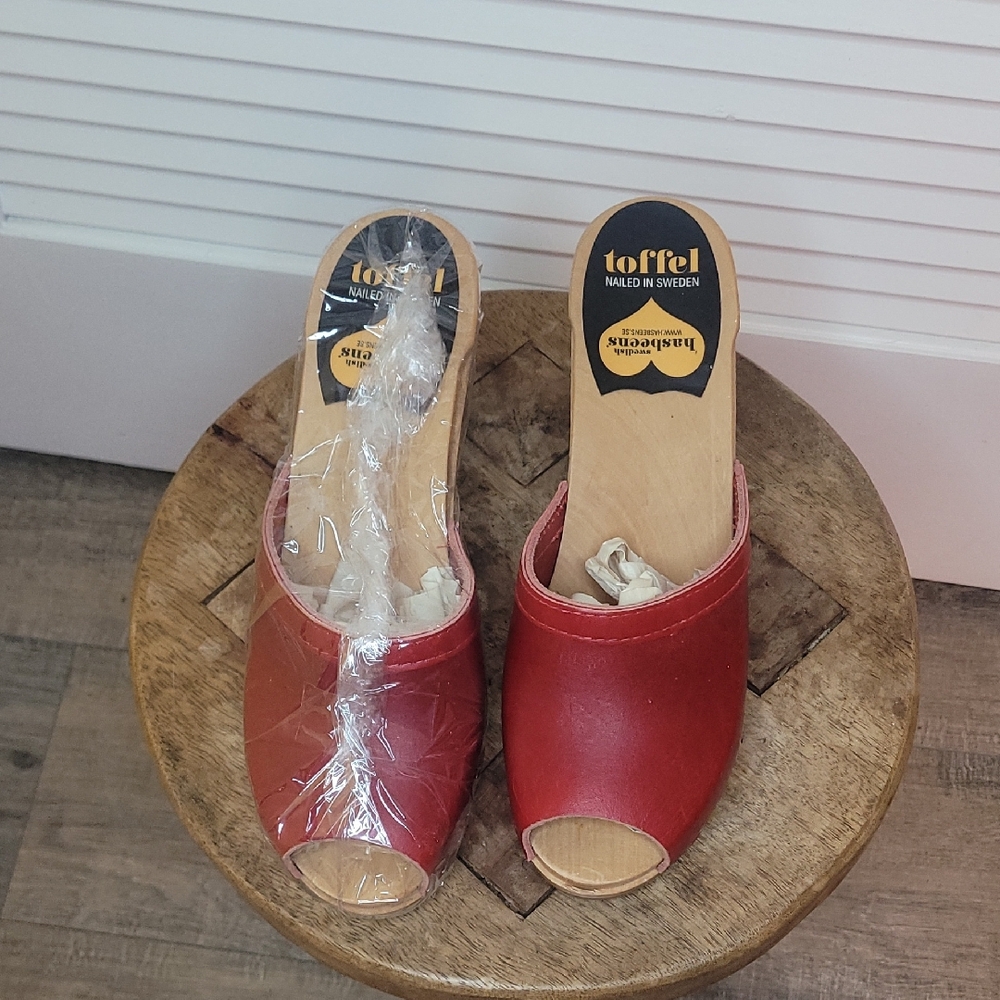 Swedish Hasbeens Red Leather Mules